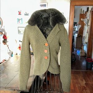 Valentina Olive Green Sweater with Faux Fur Collar